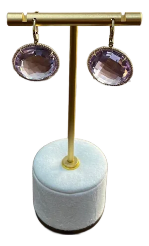 Violet Pink Amethyst Diamonds Halo Set 14k Yellow Gold Drop Unique Earrings, A Pair