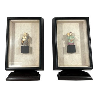 Old Japanese Figures of Hotei the Buddha and Daikokuten God of Wealth, a Pair, Shadow Box Framed Wall Hangings For Sale