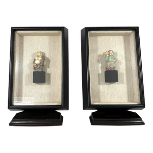 Old Japanese Hand Painted Figures of Hotei the Buddha and Daikokuten God of Wealth, a Pair of Figures, Framed Wall Hangings