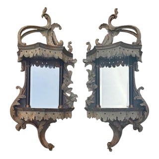 Early 2000s Chippendale Style Mirrored Wall Shelves - A Pair For Sale
