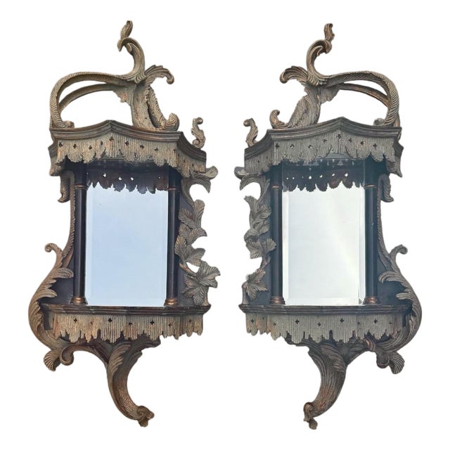 Early 2000s Chippendale Style Mirrored Wall Shelves - A Pair For Sale