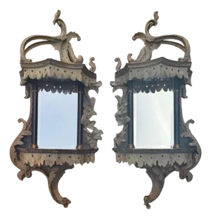 Early 2000s Chippendale Style Mirrored Wall Shelves - A Pair