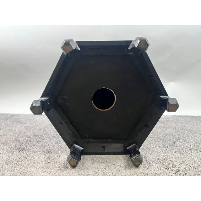 Asian Black Lacquer Hexagonal Side Table With Hand-Painted Gold & Figural Pane For Sale - Image 15 of 15