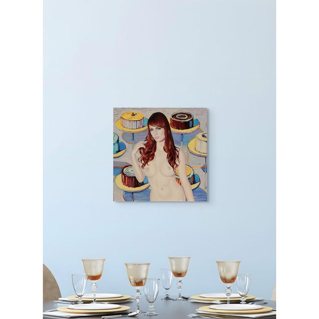 Angel Food by Suzy Smith | Oil on Panel Portrait of a woman with cakes in the background For Sale - Image 4 of 5