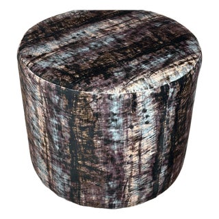 Round Ottoman Footstool Made in Usa Designer Abstract Fabric Accent Stool 21"x17 For Sale
