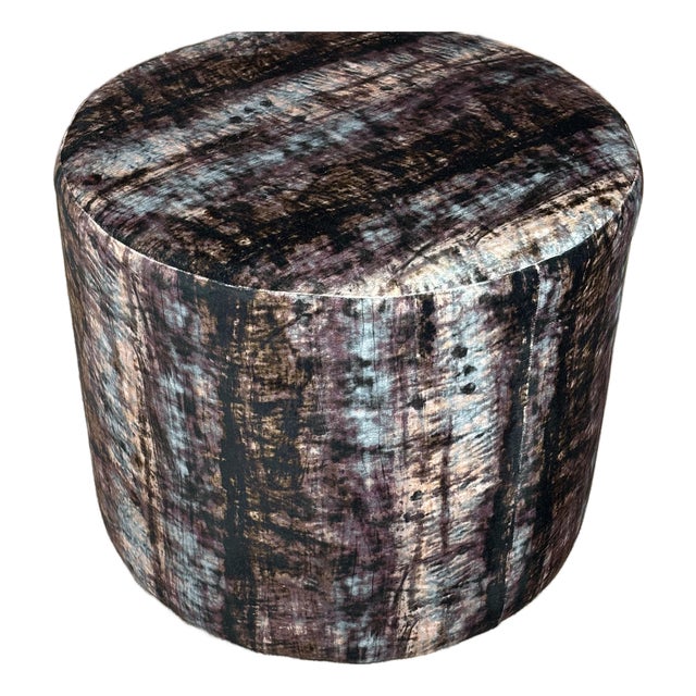 Round Ottoman Footstool Made in Usa Designer Abstract Fabric Accent Stool 21"x17 For Sale