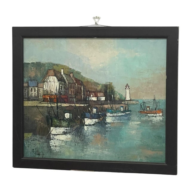 Coastal Vintage Mid-Century Coastal Harbor Painting With Lighthouse and Fishing Boats, Framed. For Sale - Image 3 of 10