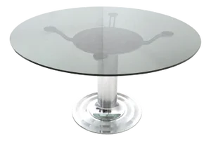 Postmodern Chromed Metal Dining Table with Round Tempered Glass Top, Italy, 1970s