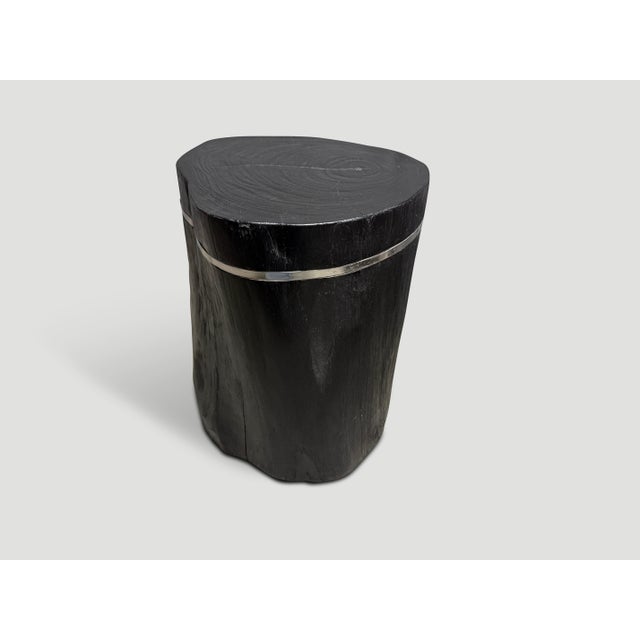 Andrianna Shamaris Minimalist Charred Teak Wood and Silver Side Table For Sale - Image 4 of 5