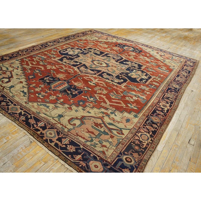 Persian 1880s Square Antique Red Geometric Anchor Medallion Persian Serapi Rug For Sale - Image 3 of 9