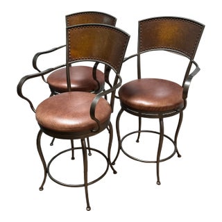 Artistic Home Tuscan Copper + Leather Counter Stools, Set of Three For Sale