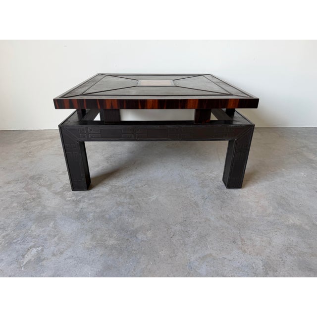 Wood Vintage Hollywood Regency Asian-Inspired Greek Key Bronze & Mahogany Square Coffee Table For Sale - Image 7 of 12