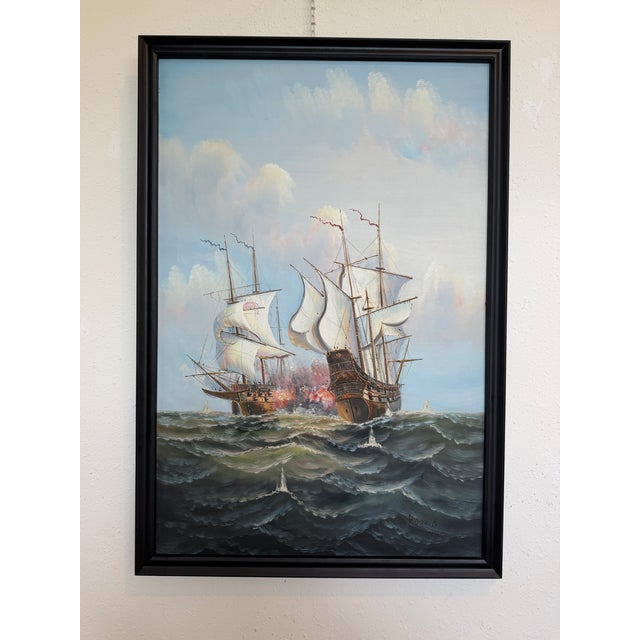 Large Maritime Naval Battle Oil Painting Signed K. Bosen Sailing Ships Seascape For Sale In Jacksonville, FL - Image 6 of 11