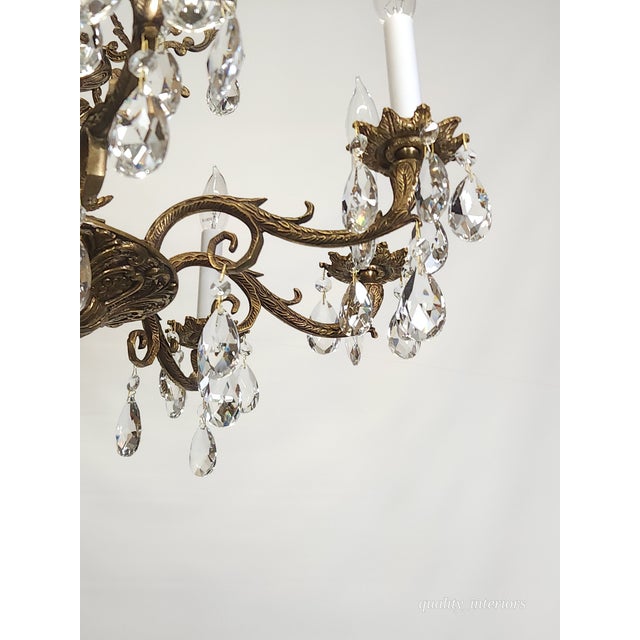 Antique Shimmering Sumptuous Stately Brass Cut Lead Glass Crystal Chandelier For Sale - Image 9 of 11