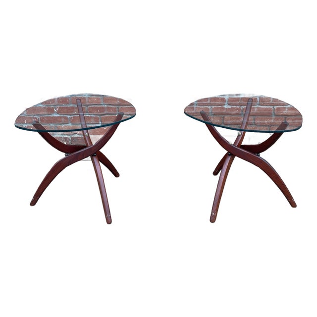 Pair of Mid Century Modern Forest Wilson Walnut and Glass Side Tables For Sale