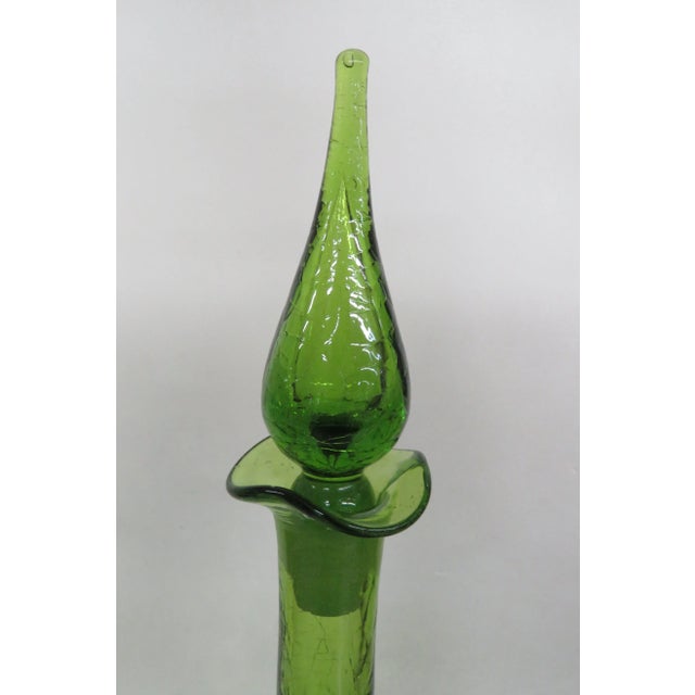 Mid-Century Modern Blenko Style Hand Blown Green Crackle Glass Decanter Bottle For Sale - Image 3 of 12