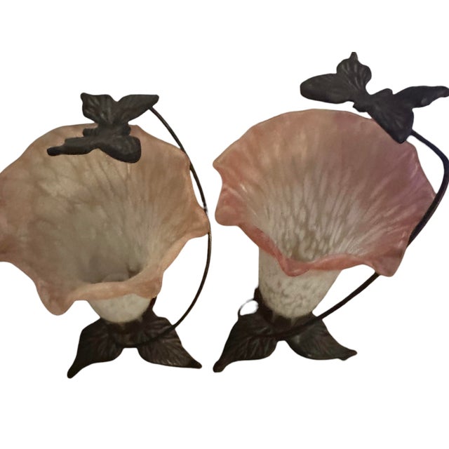 Pink Vintage Lily Lamps on Cast Iron Base - A Pair For Sale - Image 8 of 10