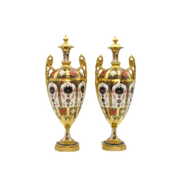 English Gilt Painted Royal Crown Derby Vases/Urns - a Pair For Sale - Image 13 of 13