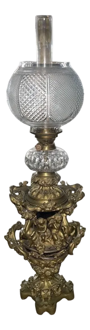 19th Century Italian Bronze Oil Lamp Electrified Cut Glass Cherub Base