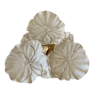 1950s Jamar Mallory Studio Mid-Century Modern Cream Floral Divided Platter With Gold Leaf Accents For Sale