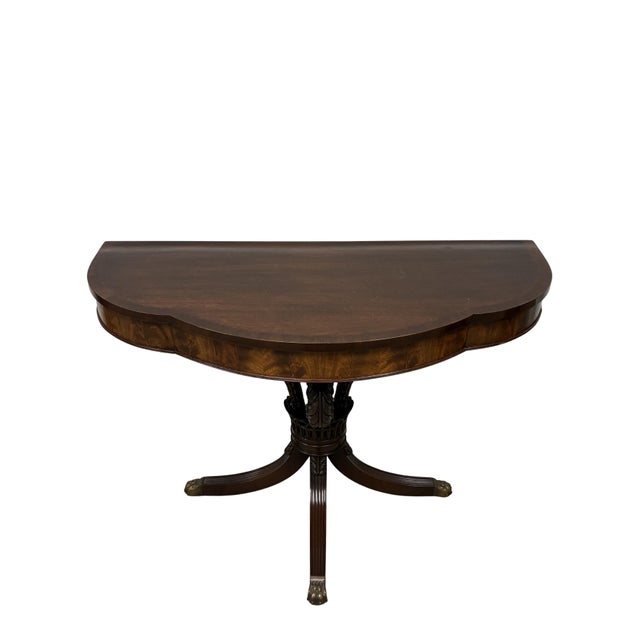Pair of Antique Regency Style Flame Mahogany Demilune Console Tables For Sale - Image 10 of 12