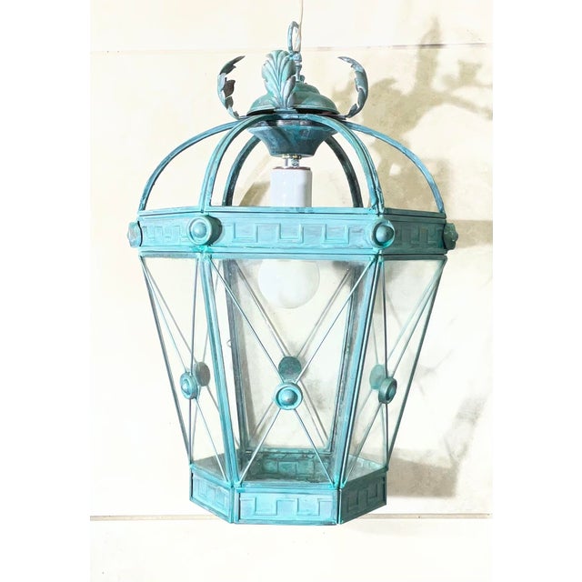 Vintage Style Solid Brass Verdigris Hanging Lantern - Restored & Rewired For Sale In Miami - Image 6 of 14