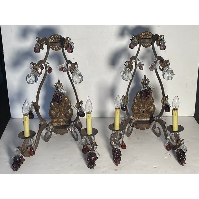 Antique Iron Wrought Sconces With Glass Fruits and Grape Clusyers - Pair For Sale In Miami - Image 6 of 11