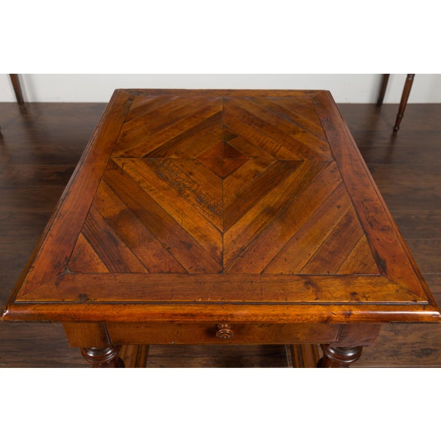 Wood English 1850s Walnut Parquet Top Table with Single Drawer and Turned Legs For Sale - Image 7 of 12