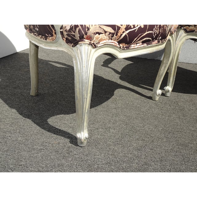 Pair Vintage French Provincial Floral Arm Chairs W Silver Frames For Sale - Image 11 of 12