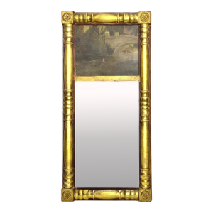 19th Century Small Empire Giltwood Trumeau Mirror With Painting