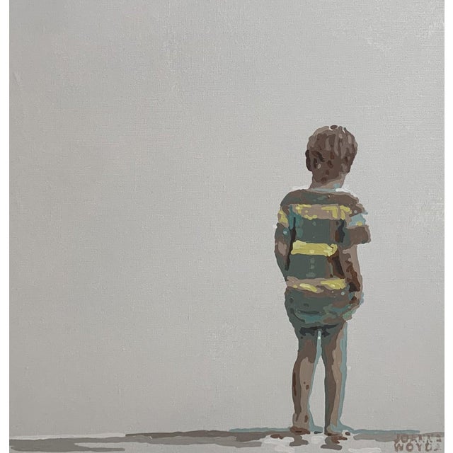 In this thought-provoking artwork, a solitary child stands with his back to the viewer, encapsulating a poignant sense of...