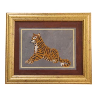 Tiger Traditional Folk Art Minimalism Goldenrod Sienna Brown Original Oil Painting by Cleo Plowden For Sale