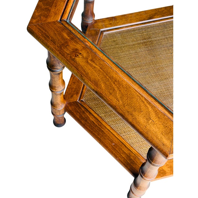 Late 20th Century Vintage 1970s Faux Bamboo Hexagonal Side Table – Hollywood Regency Chinoiserie Glass Top & Cane Shelf For Sale - Image 5 of 6