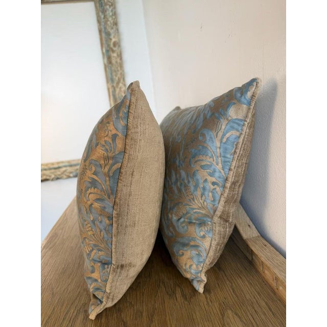 Aqua Pair of Custom Fortuny Textile Pillows With Velvet Backs For Sale - Image 8 of 10