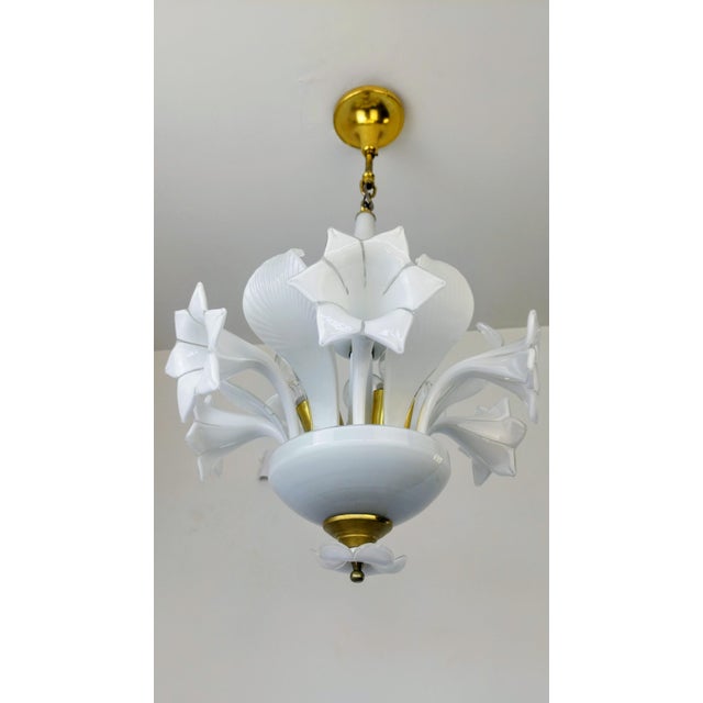 Vintage Italian White Murano Styled Calla Lilly Chandelier Brass Lighting 1970s For Sale - Image 10 of 17