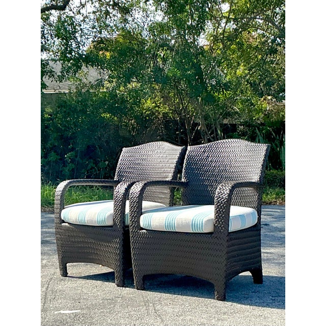 Coffee Vintage Coastal Woven Rattan Lounge Chairs - a Pair For Sale - Image 8 of 9