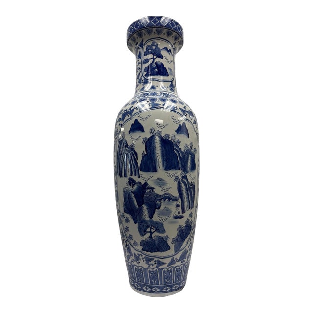 Monumental 46.5" Chinese Blue & White Porcelain Landscape Floor Vase For Sale
