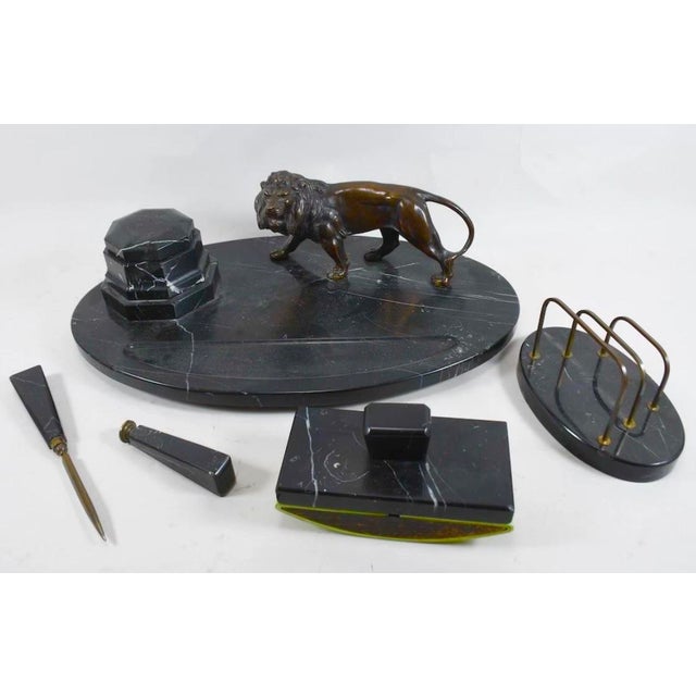 Late 19th Century Antique French Lion Sculpture Bronze Desk Garniture Inkwell in Marble Continental. Empire Style - Set of 6 For Sale - Image 5 of 5