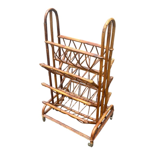 Vintage Hollywood Regency Rattan Magazine Rack - Italian Riviera Coastal Style For Sale