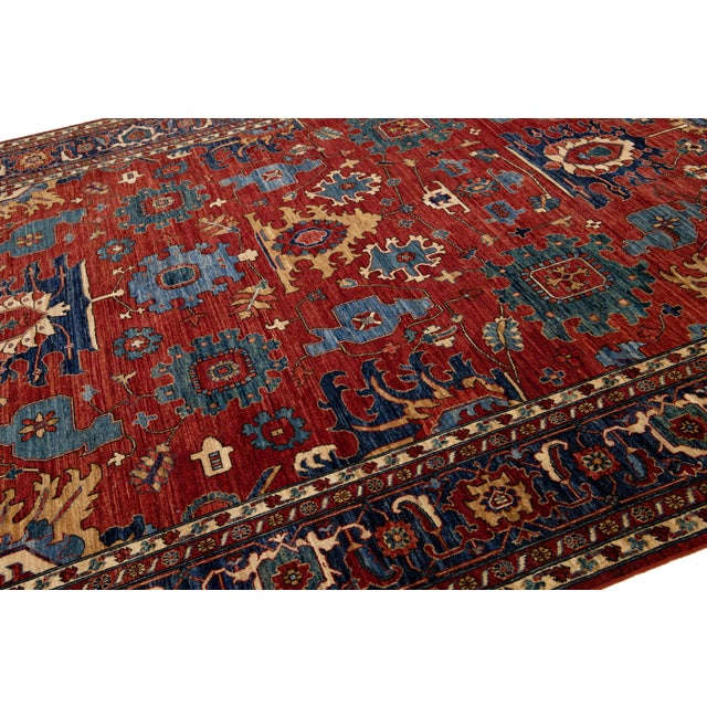 2010s Room Size Contemporary Serapi-Style Red Wool Rug Featuring a Floral Design For Sale - Image 5 of 11