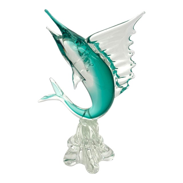 Vintage 1960s Murano Art Glass Large Swordfish Sculpture Clear & Aqua Blue Large and Stunning For Sale