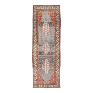 Antique Geometric Persian Malayer Gallery Runner in Gray, Blue, Light Tera-Cotta and Cream For Sale