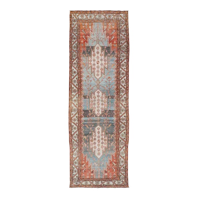Antique Geometric Persian Malayer Gallery Runner in Gray, Blue, Light Tera-Cotta and Cream For Sale
