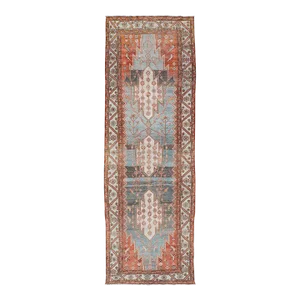 Early 20th Century Antique Geometric Persian Malayer Gallery Runner in Gray, Blue, Light Tera-Cotta and Cream
