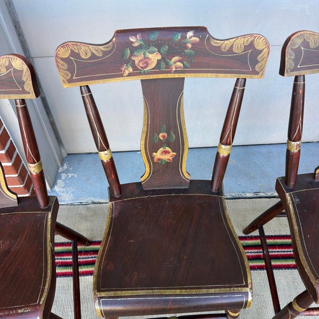 Brown Set of 6 19th C. Adams/York County Pa Paint-Decorated Plank Seat Kitchen Windsor Chairs For Sale - Image 8 of 18