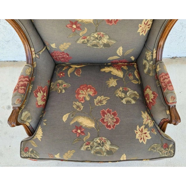 Textile Mid Century Chippendale Wingback Down Cushion Armchair For Sale - Image 7 of 9