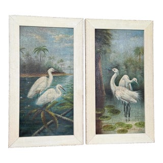 Pair of Vintage Oil on Canvas Paintings of Egrets in a Florida Landscape by C. Walter For Sale