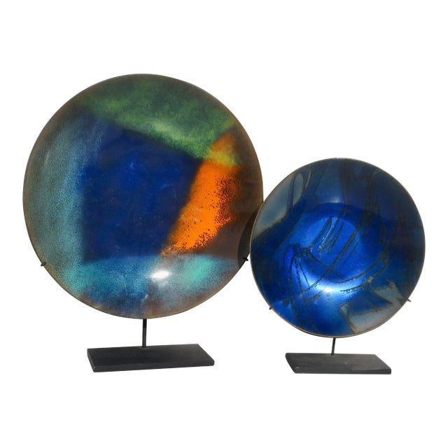 MCM Enamel Trays on Mounts-- A Pair of 2 For Sale