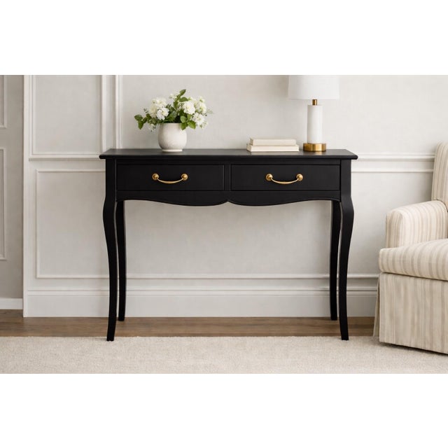 French Provincial Late 20th Century French Provincial Style Matte Black Bedside Table / Writing Desk With Bronze Hardware — 35.5” For Sale - Image 3 of 10