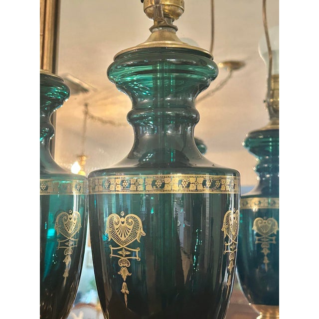 Hollywood Regency Mid-Century Italian Neoclassical Emerald Glass Urn Lamps, Likely Empoli Glass, Circa 1955-1965 - A Pair For Sale - Image 3 of 12